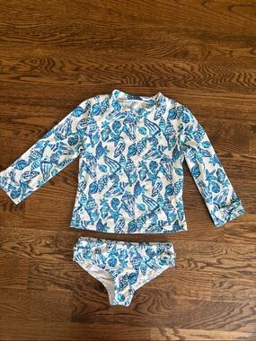 Lilly Pulitzer Girls White & Blue Shell-Print Long Sleeve Rash Guard Set